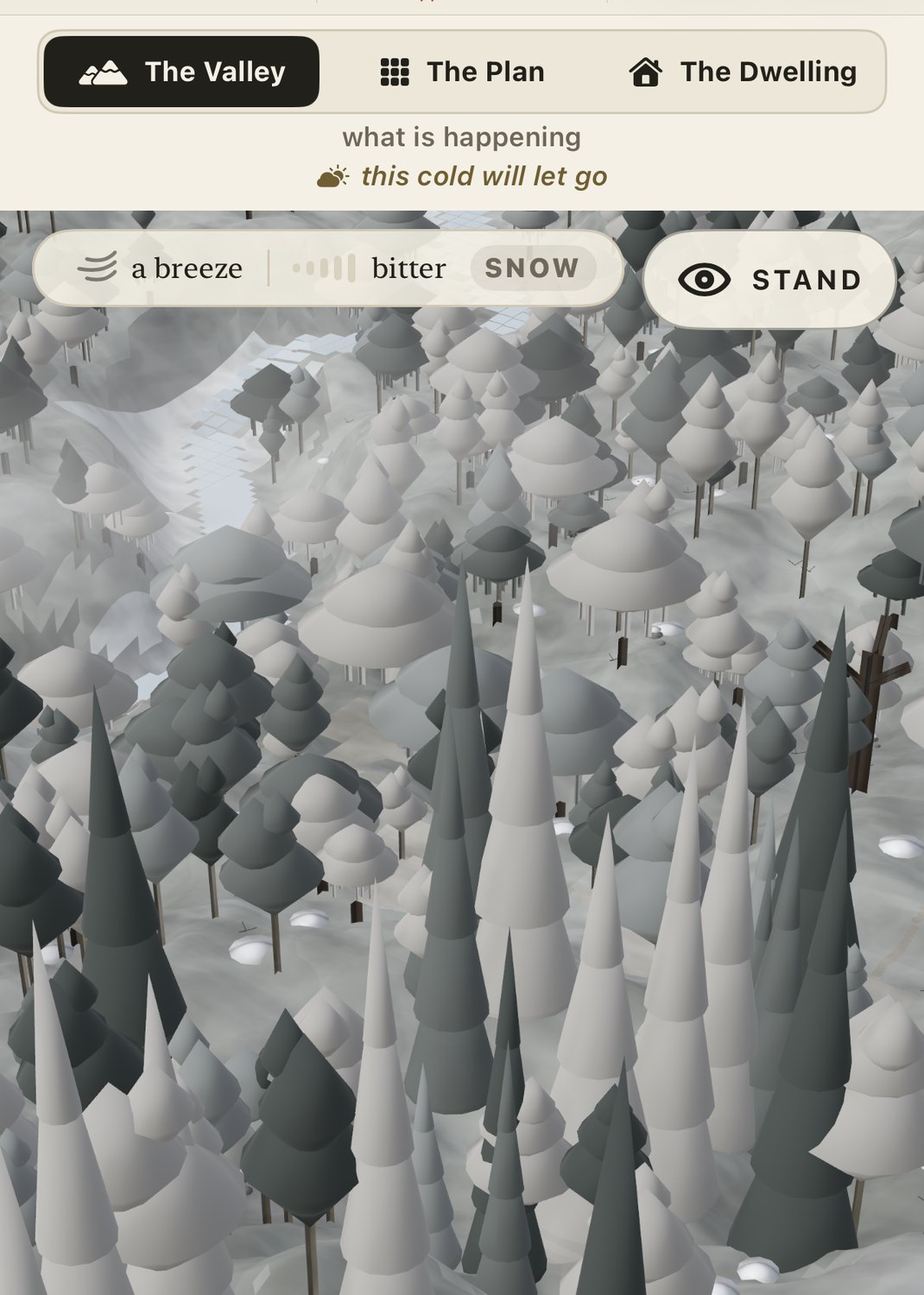 The same taiga valley under deep snow, the whole forest white
