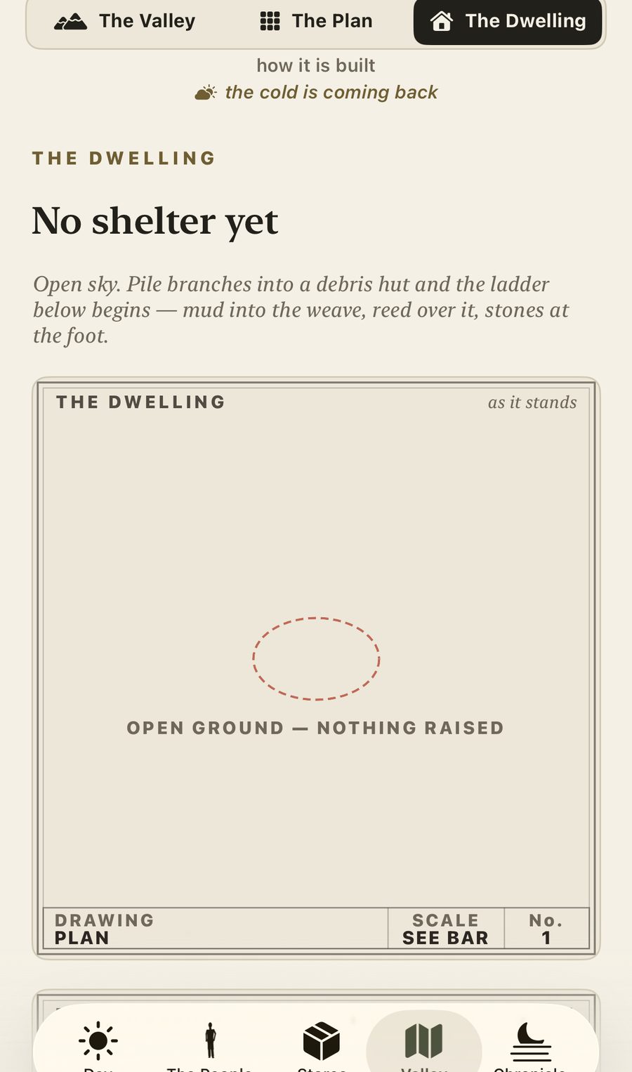The dwelling sheet on day one: no shelter yet, open ground, nothing raised