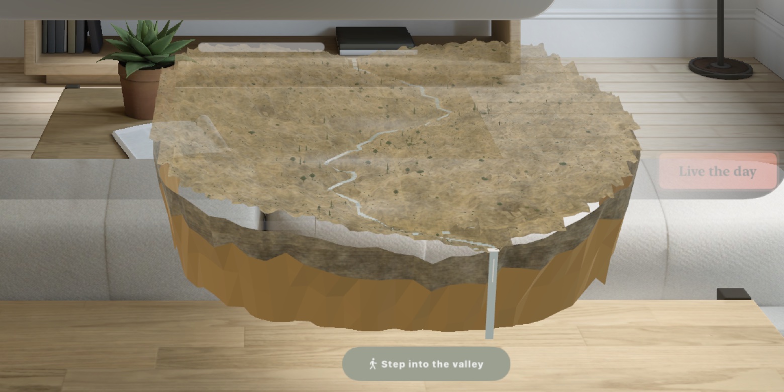 A desert valley on the table of a living room, on Apple Vision Pro
