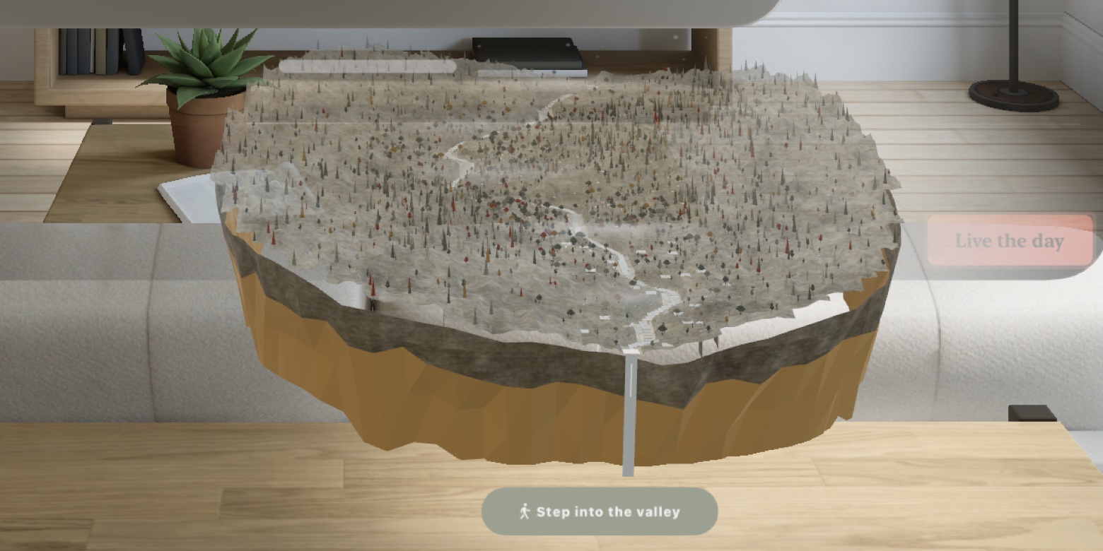 A taiga valley in autumn on the table of a living room, on Apple Vision Pro