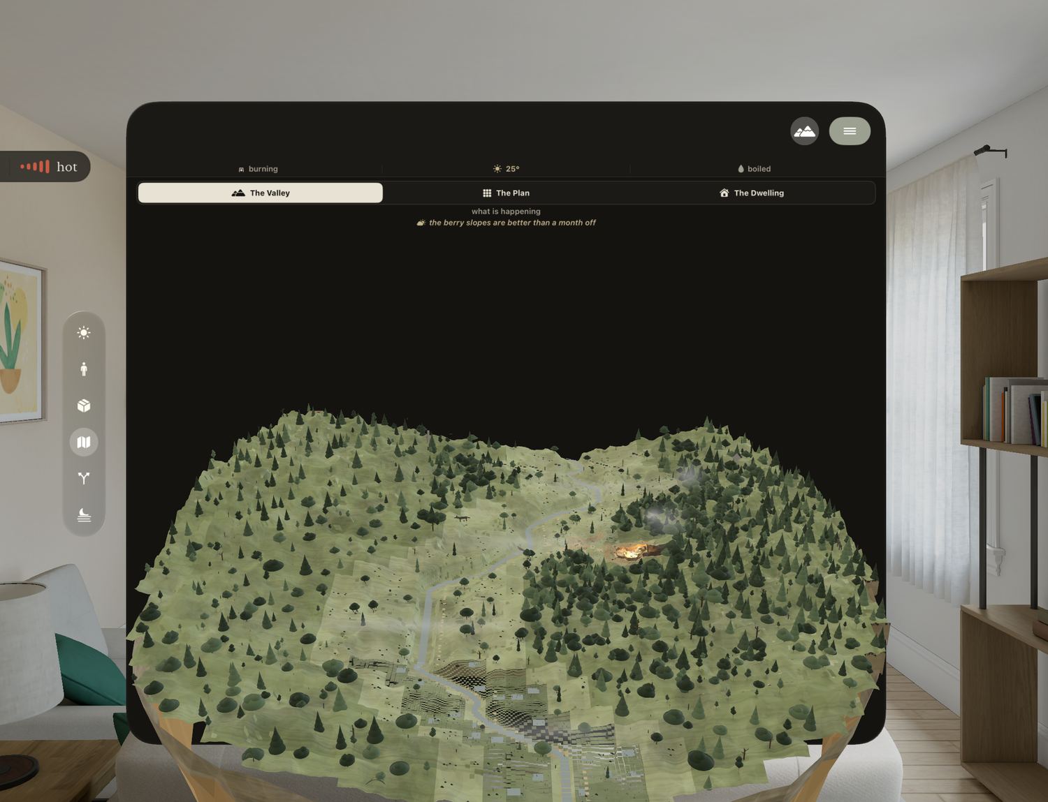 The valley as a living diorama on a table, seen on Apple Vision Pro